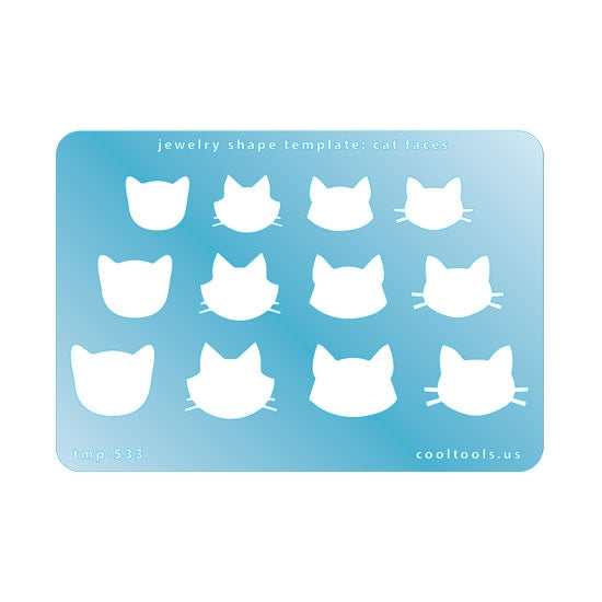 Blue plastic Jewelry Shape Template - Cat Faces Our special surface makes it easy to find these templates on your workbench, but allows clarity for positioning. Use smaller shapes for embossing or enamel stencils. Includes 12 cat face shapes. Sizes are from 17mm to 23mm.