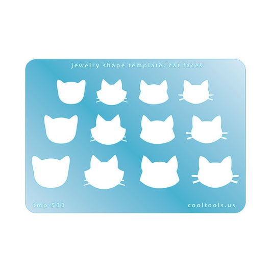 Blue plastic Jewelry Shape Template - Cat Faces Our special surface makes it easy to find these templates on your workbench, but allows clarity for positioning. Use smaller shapes for embossing or enamel stencils. Includes 12 cat face shapes. Sizes are from 17mm to 23mm.