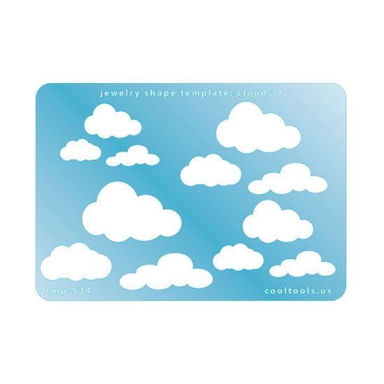 Blue plastic Jewelry Shape Template - Clouds 2 Our special surface makes it easy to find these templates on your workbench, but allows clarity for positioning. Includes 12 cloud shapes. Sizes are from 17mm to 40mm.