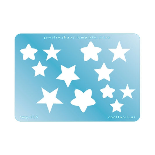 Blue plastic Jewelry Shape Template - Stars Our special surface makes it easy to find these templates on your workbench, but allows clarity for positioning. Use smaller shapes for embossing or enamel stencils. Includes 12 star shapes. Sizes are from 13mm to 27mm.