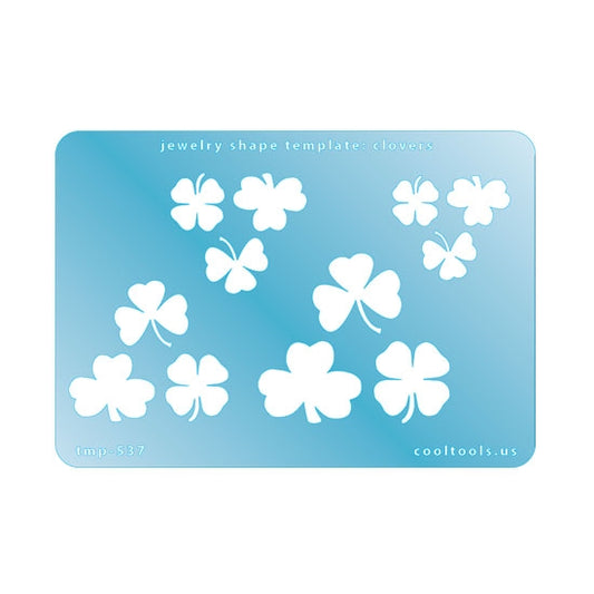 Blue plastic Jewelry Shape Template - Clovers Our special surface makes it easy to find these templates on your workbench, but allows clarity for positioning. Use smaller shapes for embossing or enamel stencils. Includes 12 clover shapes. Sizes are from 12mm to 27mm.