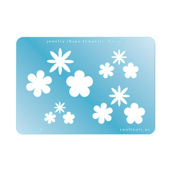 Blue plastic Jewelry Shape Template - Daisies Our special surface makes it easy to find these templates on your workbench, but allows clarity for positioning. Use smaller shapes for embossing or enamel stencils. Includes 12 daisy shapes. Sizes are from 10mm to 24mm.