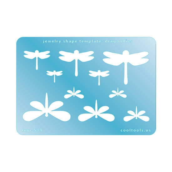 Blue plastic Jewelry Shape Template - Dragonflies Our special surface makes it easy to find these templates on your workbench, but allows clarity for positioning. Use smaller shapes for embossing or enamel stencils. Includes 10 dragonfly shapes. Sizes are from 14mm to 44.5mm.