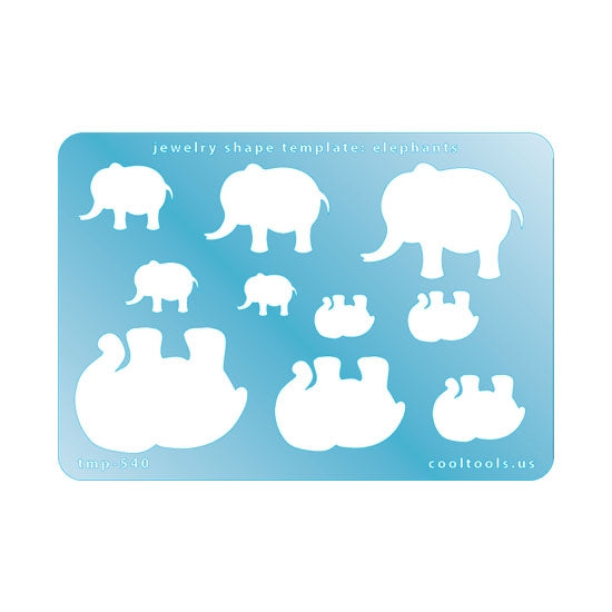 Blue plastic Jewelry Shape Template - Elephants Our special surface makes it easy to find these templates on your workbench, but allows clarity for positioning. Use smaller shapes for embossing or enamel stencils. Includes 10 elephant shapes. Sizes are from 14mm to 44mm.