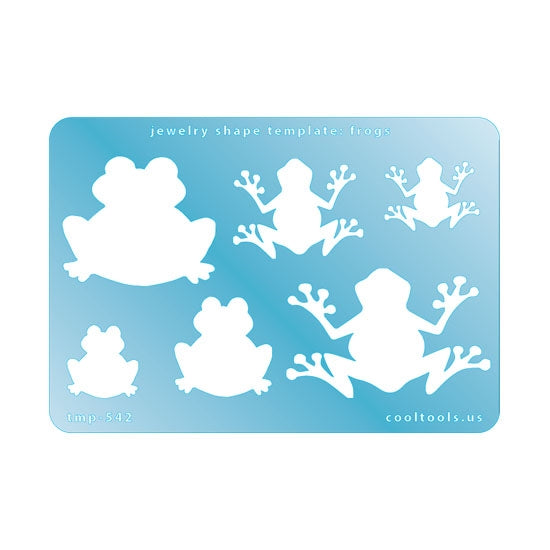 Blue plastic Jewelry Shape Template - Frogs Our special surface makes it easy to find these templates on your workbench, but allows clarity for positioning. Use smaller shapes for embossing or enamel stencils. Includes 6 frog shapes. Sizes are from 20mm to 57mm.