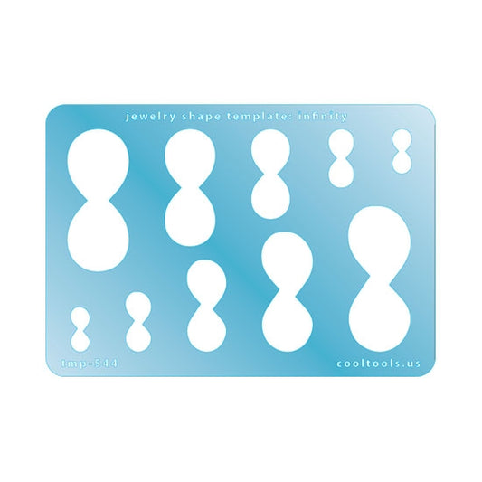 Blue plastic Jewelry Shape Template - Infinity Our special surface makes it easy to find these templates on your workbench, but allows clarity for positioning. Use smaller shapes for embossing or enamel stencils. Includes 10 shapes. Sizes are from 6mm to 20mm.