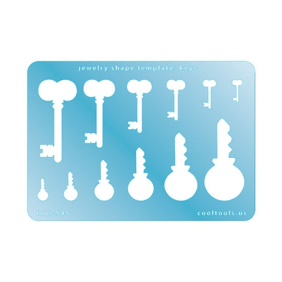 Blue plastic Jewelry Shape Template - Keys Our special surface makes it easy to find these templates on your workbench, but allows clarity for positioning. Use smaller shapes for embossing or enamel stencils. Includes 12 key shapes. Sizes are from 6mm to 22mm.