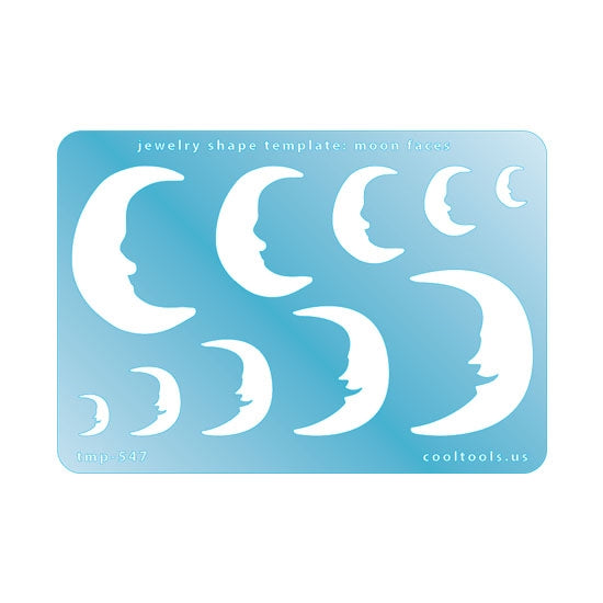 Blue plastic Jewelry Shape Template - Moon Faces Our special surface makes it easy to find these templates on your workbench, but allows clarity for positioning. Use smaller shapes for embossing or enamel stencils. Includes 10 moon shapes. Sizes are from 8mm to 32mm.