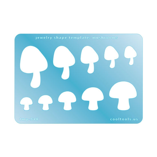 Blue plastic Jewelry Shape Template - Mushrooms Our special surface makes it easy to find these templates on your workbench, but allows clarity for positioning. Use smaller shapes for embossing or enamel stencils. Includes 10 mushroom shapes. Sizes are from 12.5mm to 28mm.