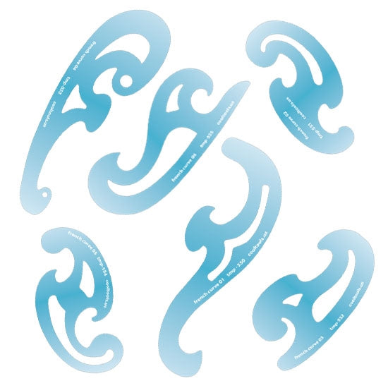 set of 6 Blue plastic Jewelry Shape Template - French Curves Our special surface makes it easy to find these templates on your workbench, but allows clarity for positioning. Use smaller shapes for embossing or enamel stencils.  View the videos below for ideas on how our templates can be used. Utilize the graduated sizes and different shapes to make endless design variations.