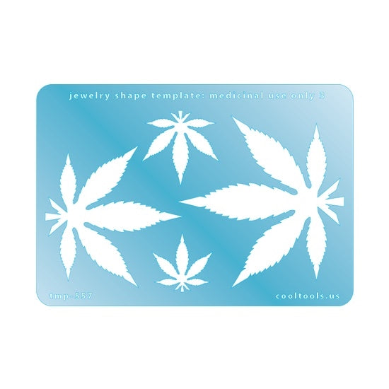 Blue plastic Jewelry Shape Template - Medicinal Use Only 3 Includes 4 cannabis shapes. Sizes are from 22mm to 65mm. Our special surface makes it easy to find these templates on your workbench, but allows clarity for positioning.