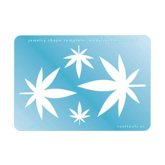 Blue plastic Jewelry Shape Template - Medicinal Use Only 4 Includes 4 cannabis shapes. Sizes are from 22mm to 64mm. Our special surface makes it easy to find these templates on your workbench, but allows clarity for positioning.