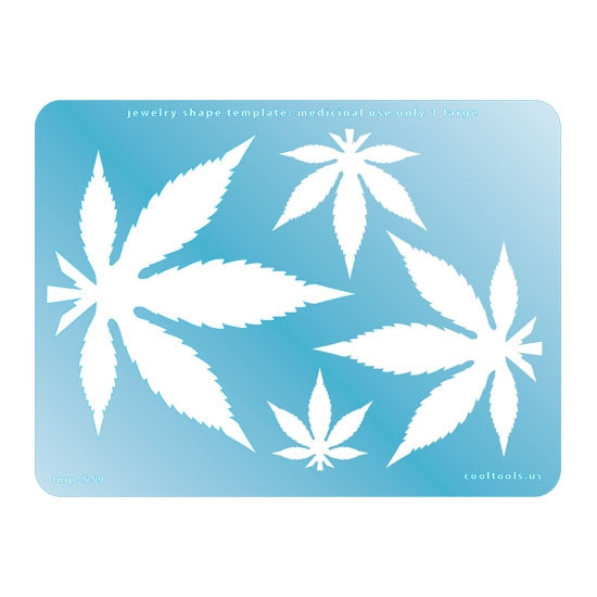 Blue plastic Jewelry Shape Template - Medicinal Use Only Large 1 Includes 4 cannabis shapes. Sizes are from 33mm to 103mm. Our special surface makes it easy to find these templates on your workbench, but allows clarity for positioning.