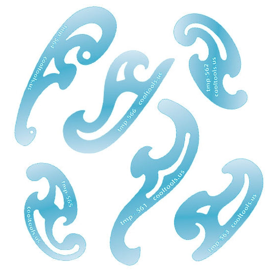 set of 6 Blue plastic Jewelry Shape Template - Mini French Curves Our special surface makes it easy to find these templates on your workbench, but allows clarity for positioning. Use smaller shapes for embossing or enamel stencils.