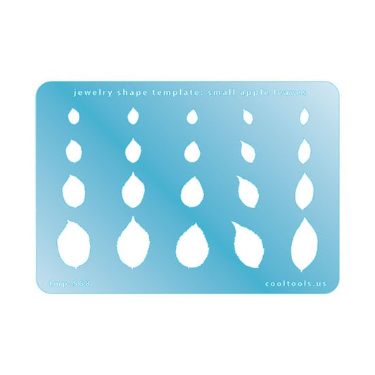 Blue plastic Jewelry Shape Template - Small Apple Leaves Includes 20 shapes. Sizes are from 7mm to 22.5mm. Our special surface makes it easy to find these templates on your workbench, but allows clarity for positioning.