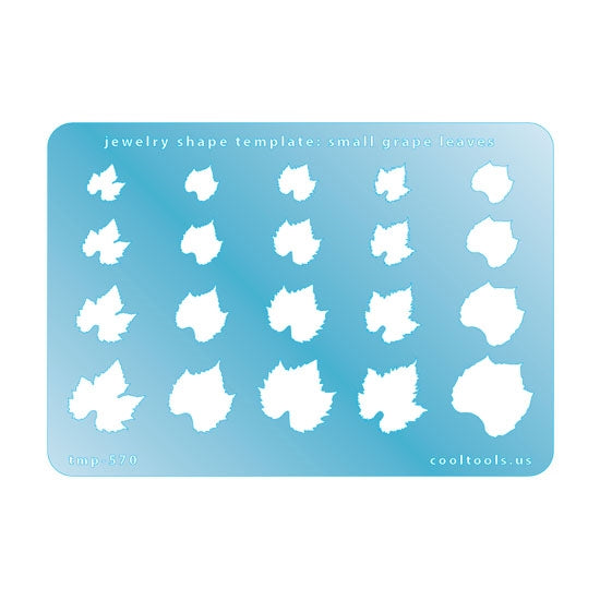 Blue plastic Jewelry Shape Template - Small Grape Leaves Includes 20 shapes. Sizes are from 9mm to 20mm. Our special surface makes it easy to find these templates on your workbench, but allows clarity for positioning.