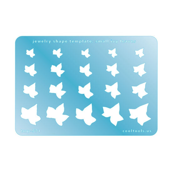 Blue plastic Jewelry Shape Template - Small Ivy Leaves Includes 20 shapes. Sizes are from 8mm to 21.5mm. Our special surface makes it easy to find these templates on your workbench, but allows clarity for positioning.