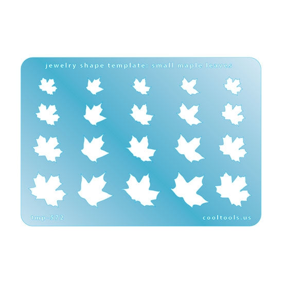 Blue plastic Jewelry Shape Template - Small Maple Leaves Includes 20 shapes. Sizes are from 9.5mm to 19mm. Our special surface makes it easy to find these templates on your workbench, but allows clarity for positioning.