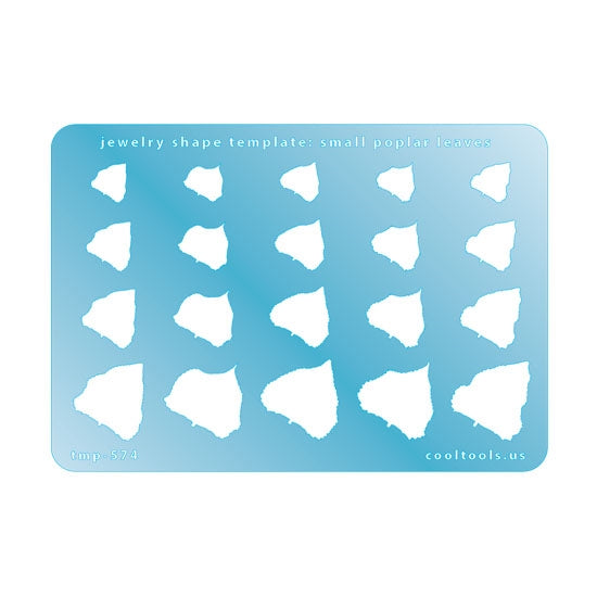 Blue plastic Jewelry Shape Template - Small Poplar Leaves Includes 20 shapes. Sizes are from 9mm to 19.5mm. Our special surface makes it easy to find these templates on your workbench, but allows clarity for positioning.