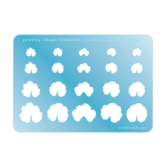 Blue plastic Jewelry Shape Template - Small Geranium Leaves Includes 20 shapes. Sizes are from 9mm to 21mm. Our special surface makes it easy to find these templates on your workbench, but allows clarity for positioning.