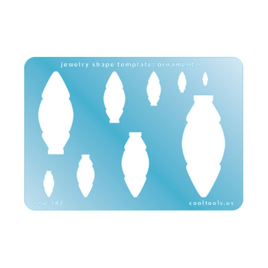 Blue plastic Jewelry Shape Template - Ornament 4 Includes 9 shapes. Sizes are from 8.5mm to 59.5mm. Our special surface makes it easy to find these templates on your workbench, but allows clarity for positioning.