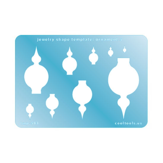 Blue plastic Jewelry Shape Template - Ornament 5 Includes 9 shapes. Sizes are from 6mm to 59mm. Our special surface makes it easy to find these templates on your workbench, but allows clarity for positioning.