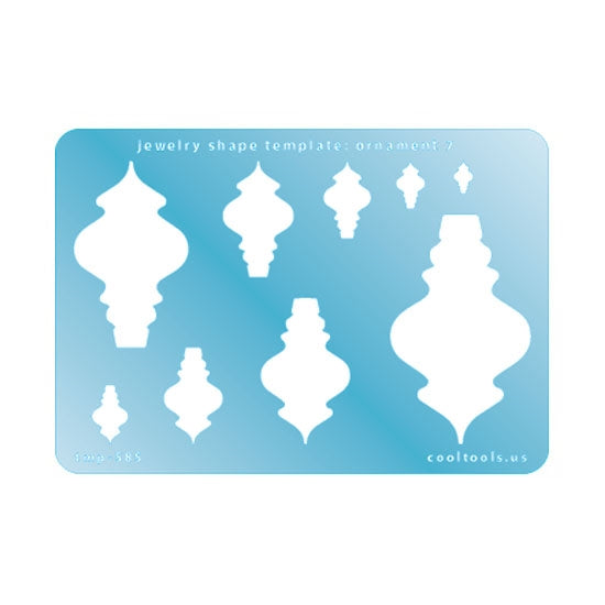 Blue plastic Jewelry Shape Template - Ornament 7 Includes 9 shapes. Sizes are from 8mm to 59mm. Our special surface makes it easy to find these templates on your workbench, but allows clarity for positioning.