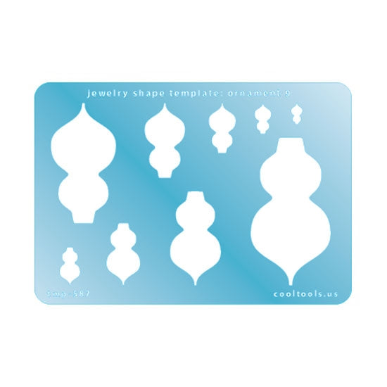 Blue plastic Jewelry Shape Template - Ornament 9 Includes 9 shapes. Sizes are from 8mm to 59mm. Our special surface makes it easy to find these templates on your workbench, but allows clarity for positioning.