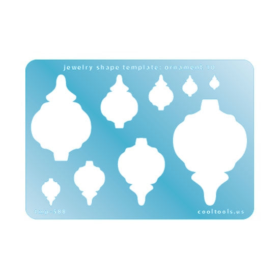 Blue plastic Jewelry Shape Template - Ornament 10 Includes 9 shapes. Sizes are from 8mm to 59mm. Our special surface makes it easy to find these templates on your workbench, but allows clarity for positioning.