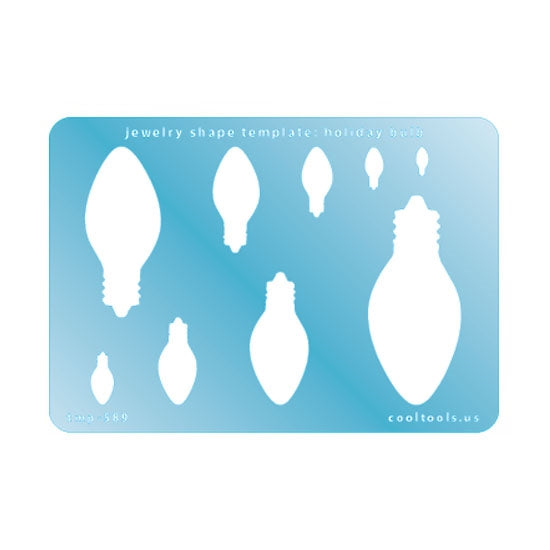 Blue plastic Jewelry Shape Template - Holiday Bulb Includes 9 shapes. Sizes are from 8.5mm to 59mm.  Our special surface makes it easy to find these templates on your workbench, but allows clarity for positioning.