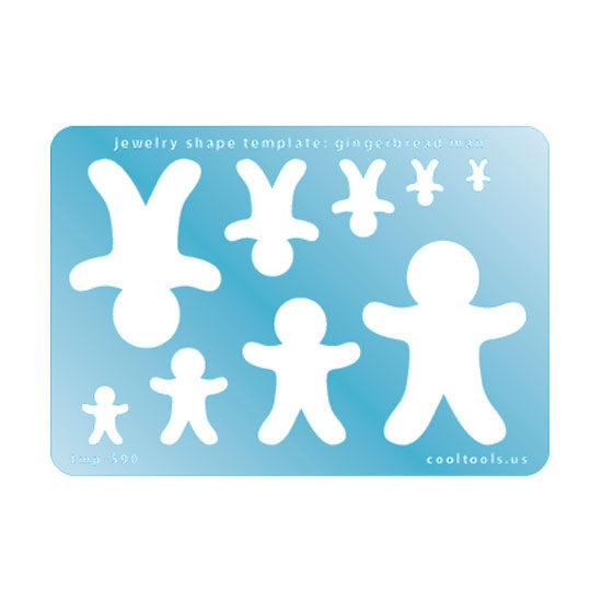 Blue plastic Jewelry Shape Template - Gingerbread Man Includes 9 shapes. Sizes are from 8.5mm to 53mm.  Our special surface makes it easy to find these templates on your workbench, but allows clarity for positioning.