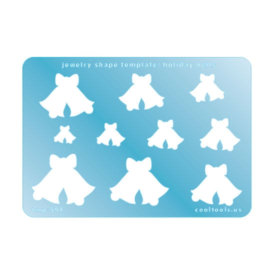 Blue plastic Jewelry Shape Template - Holiday Bells Includes 10 shapes. Sizes are from 10mm to 29mm.  Our special surface makes it easy to find these templates on your workbench, but allows clarity for positioning.