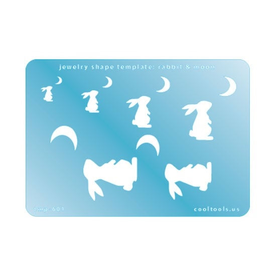 Blue plastic Jewelry Shape Template - Rabbit & Moon Includes 6 shapes. Sizes are from 8.5mm to 30.5mm.  Our special surface makes it easy to find these templates on your workbench, but allows clarity for positioning.