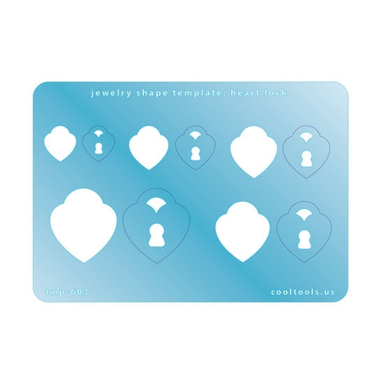 Jewelry Shape Template - Heart Lock Includes 5 shapes. Sizes are from 14mm to 30mm.  Our special surface makes it easy to find these templates on your workbench, but allows clarity for positioning.