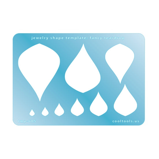 Blue plastic Jewelry Shape Template - Fancy Teardrop Includes 9 shapes. Sizes are from 6mm to 55.5mm.  Our special surface makes it easy to find these templates on your workbench, but allows clarity for positioning.