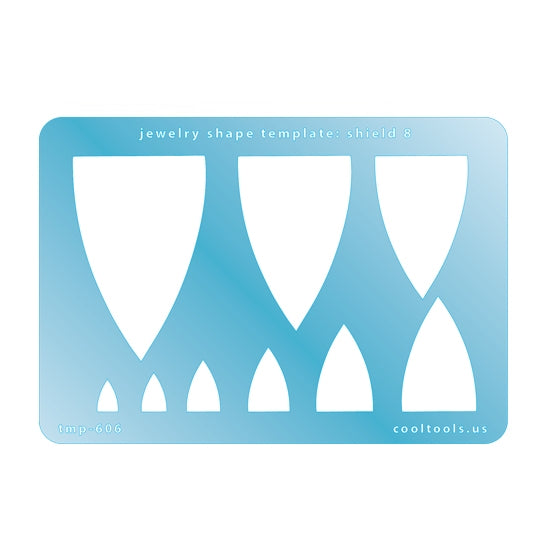 Blue plastic Jewelry Shape Template - Shield 8 Includes 9 shapes. Sizes are from 8.5mm to 55.5mm.  Our special surface makes it easy to find these templates on your workbench, but allows clarity for positioning.