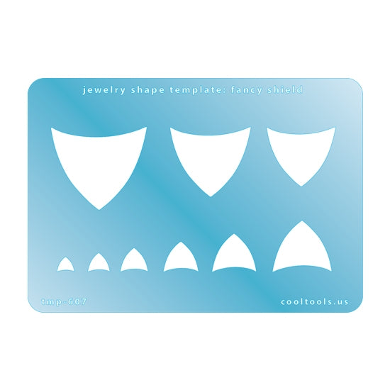 Blue plastic Jewelry Shape Template - Fancy Shield Includes 9 shapes. Sizes are from 6mm to 36mm.  Our special surface makes it easy to find these templates on your workbench, but allows clarity for positioning.