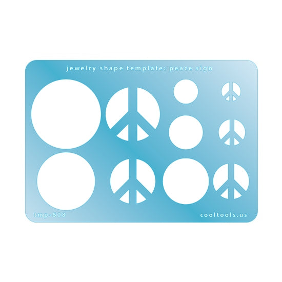 Blue plastic Jewelry Shape Template - Peace Sign Includes 5 shapes. Sizes are from 13.5mm to 38mm.  Our special surface makes it easy to find these templates on your workbench, but allows clarity for positioning.