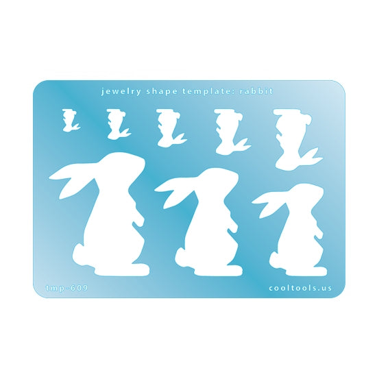 Blue plastic Jewelry Shape Template - Rabbit Includes 8 shapes. Sizes are from 9mm to 50.5mm.  Our special surface makes it easy to find these templates on your workbench, but allows clarity for positioning.