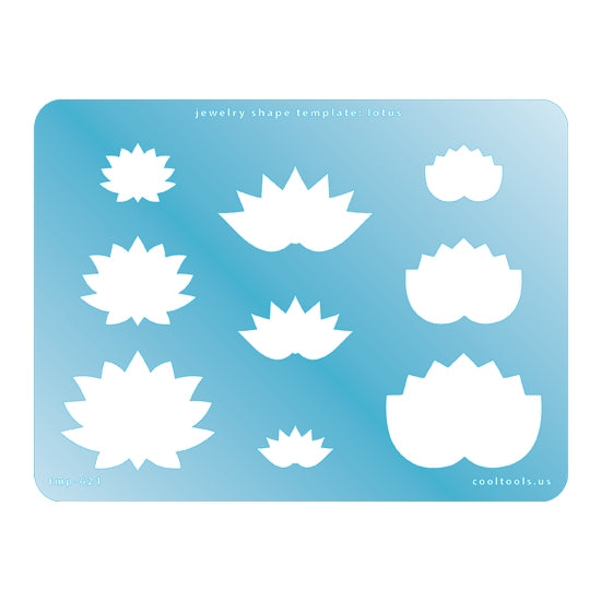 Blue plastic Jewelry Shape Template - Lotus Our special surface makes it easy to find these templates on your workbench, but allows clarity for positioning. Shapes range from 25mm to 51mm.