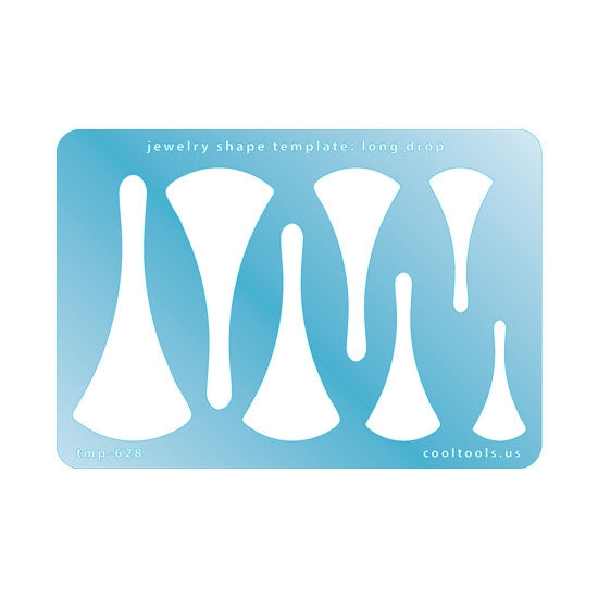 Blue plastic Jewelry Shape Template - Long Drop Includes 7 shapes. Sizes are from 31.5mm to 69.5mm.  Our special surface makes it easy to find these templates on your workbench, but allows clarity for positioning.