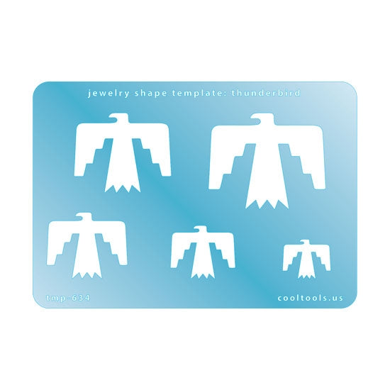 Blue plastic Jewelry Shape Template - Thunderbird Includes 5 shapes. Sizes are from 18.5mm to 45.5mm.  Our special surface makes it easy to find these templates on your workbench, but allows clarity for positioning.