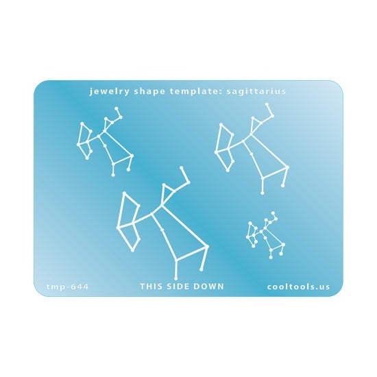 Blue plastic Jewelry Shape Template - Astrology Templates Sagittarius  Includes 4 shapes. Sizes are from 19mm to 46mm.  These astrology templates were specially designed to connect the stars for your favorite zodiac sign. Simply lay the template face down on your clay, roll or push down, and a connecting line will appear between each star.