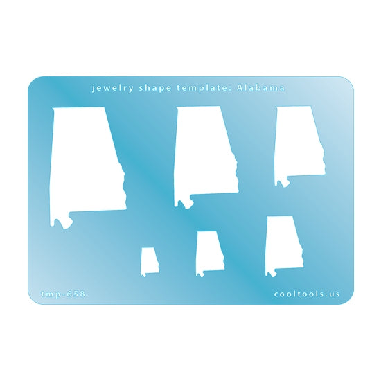 Blue plastic Jewelry Shape Template - Alabama All 50 U.S. States are available. These templates are perfect for creating a personalized gift or a piece for yourself to represent your favorite state.  Includes 6 shapes. Sizes are from 11.5mm to 47.5mm.  Our special surface makes it easy to find these templates on your workbench, but allows clarity for positioning.