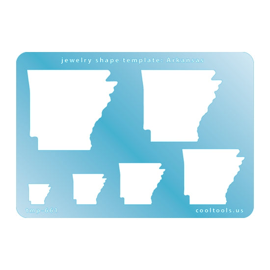 Blue plastic Jewelry Shape Template - Arkansas All 50 U.S. States are available. These templates are perfect for creating a personalized gift or a piece for yourself to represent your favorite state.  Includes 6 shapes. Sizes are from 12.5mm to 48mm.