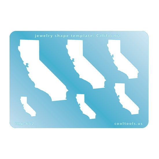 Blue plastic Jewelry Shape Template - California All 50 U.S. States are available. These templates are perfect for creating a personalized gift or a piece for yourself to represent your favorite state.  Includes 6 shapes. Sizes are from 22mm to 69mm.