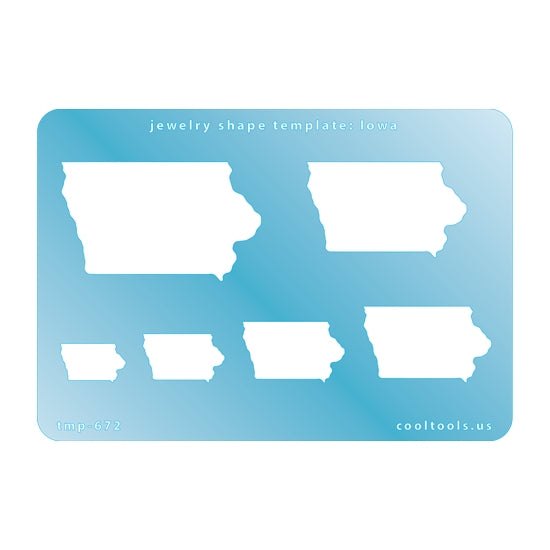 Blue plastic Jewelry Shape Template - Iowa All 50 U.S. States are available. These templates are perfect for creating a personalized gift or a piece for yourself to represent your favorite state.  Includes 6 shapes. Sizes are from 17.5mm to 55.5mm.