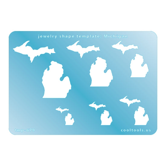 Blue plastic Jewelry Shape Template - Michigan All 50 U.S. States are available. These templates are perfect for creating a personalized gift or a piece for yourself to represent your favorite state.  Includes 6 shapes. Sizes are from 19.5mm to 61mm.