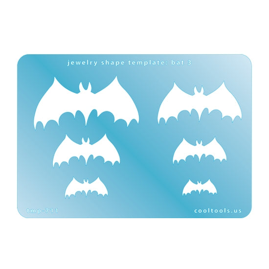 Blue plastic Jewelry Shape Template - Bat 3 Includes 6 shapes. Sizes are from 18mm to 57mm.  Our special surface makes it easy to find these templates on your workbench, but allows clarity for positioning.