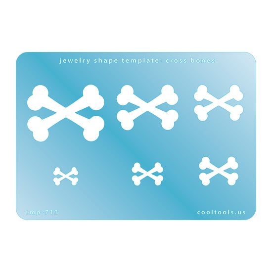 Blue plastic Jewelry Shape Template - Cross Bones Includes 6 shapes. Sizes are from 13mm to 41mm.  Our special surface makes it easy to find these templates on your workbench, but allows clarity for positioning.